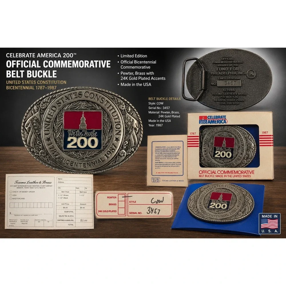 Vintage 1987 US‎ Constitution Bicentennial Belt Buckle Texoma Pewter Limited Ed